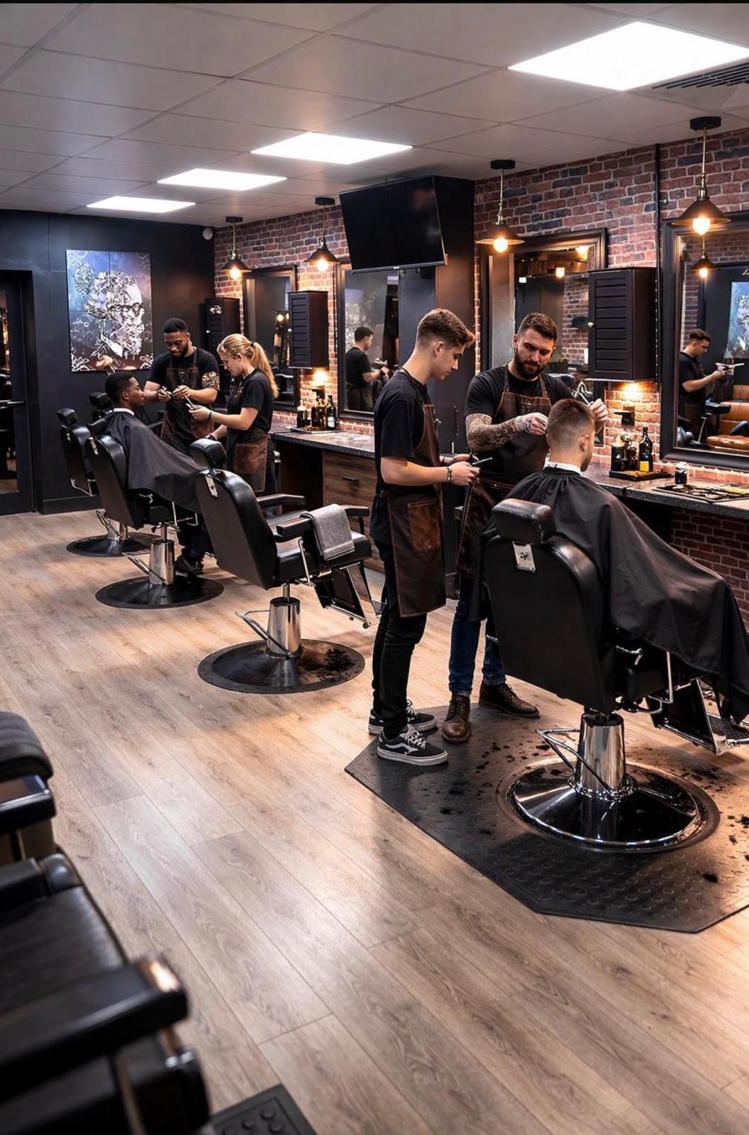 Professional barbershop interior with barbers working